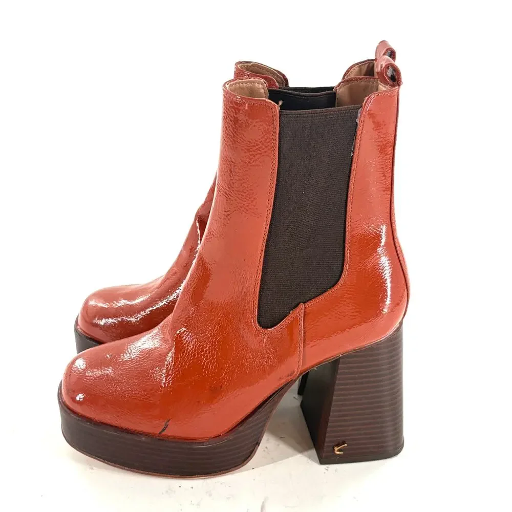 Sam Edelman Circus Stace Platform Booties 7 Cognac Brown Patent Ankle Boots